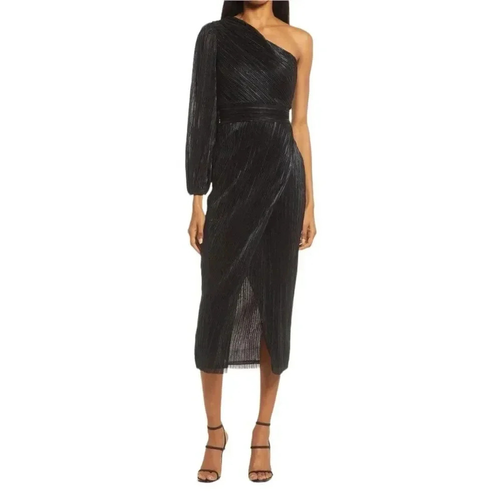 Saylor Black Metallic Alora One Sleeve Red Carpet Formal Midi Dress M